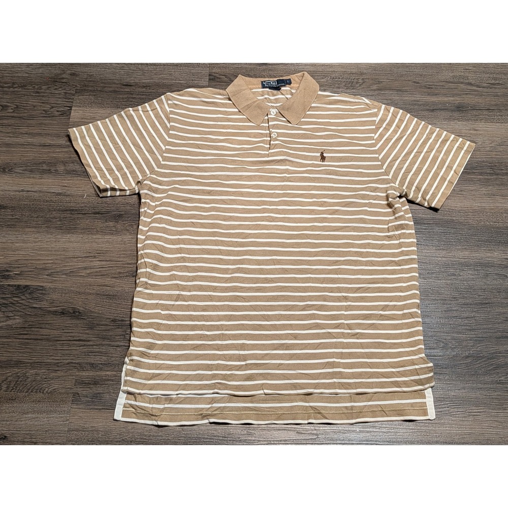 Polo‎ Ralph Lauren Striped Polo Shirt Mens L Tan White Classic Fit Preppy